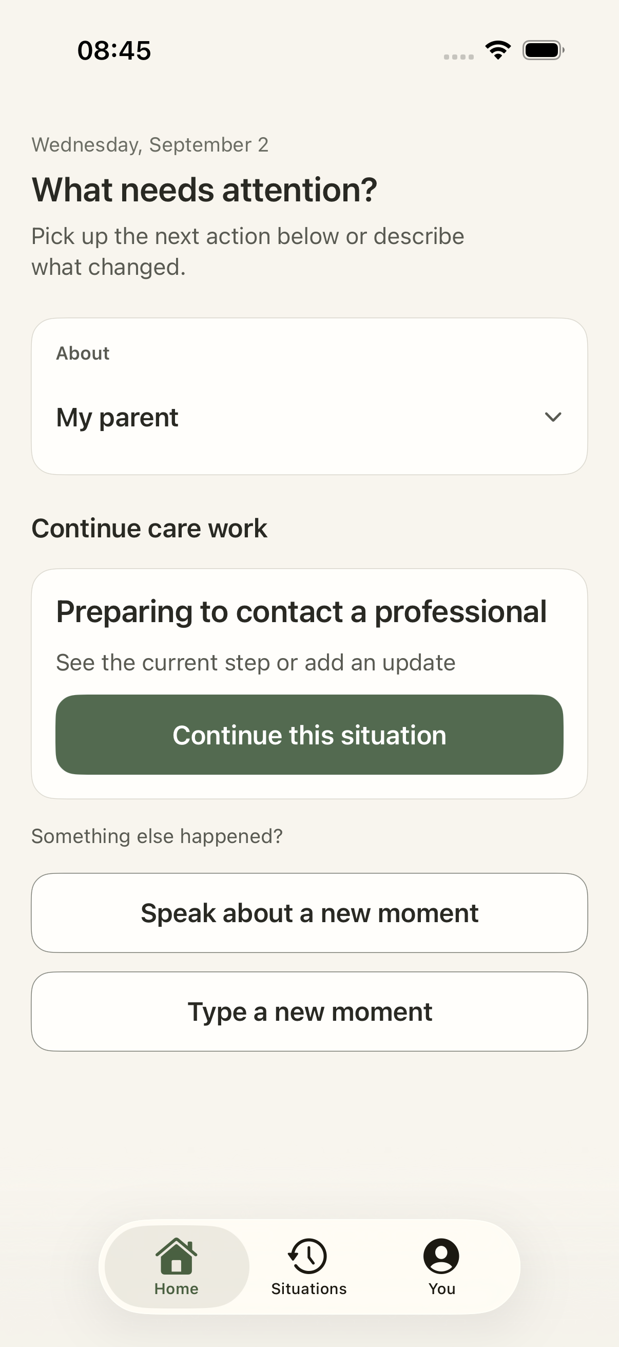 Nestoa home screen showing a current situation and ways to describe a new moment