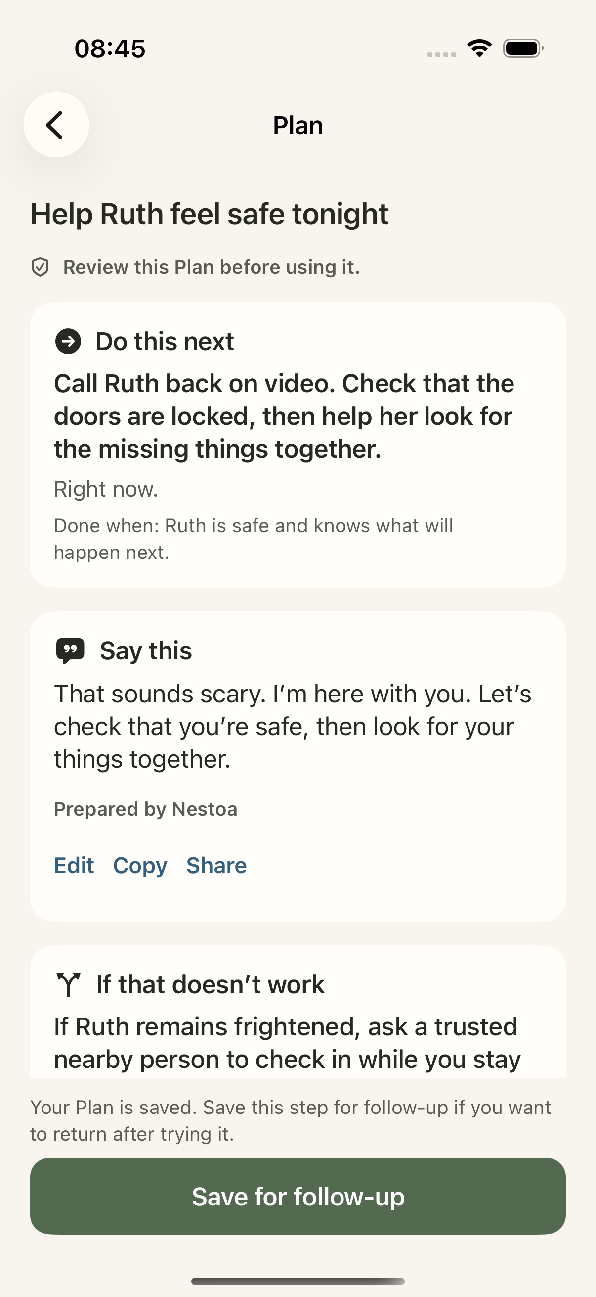 A Nestoa Plan with one next action, words to use, a fallback, and a follow-up action